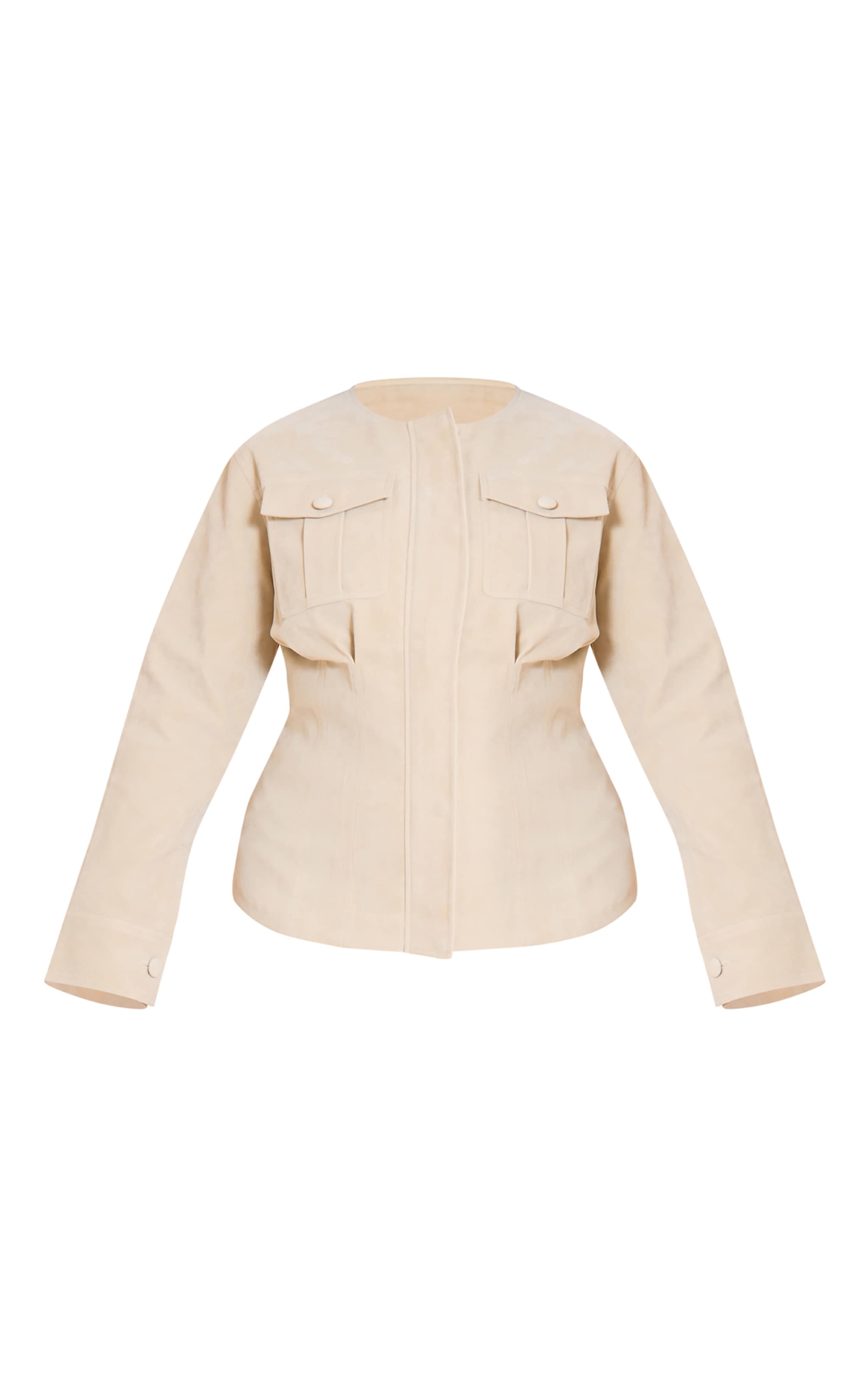 Plus Ecru Faux Suede Cinch Waist Covered Button Jacket image 5