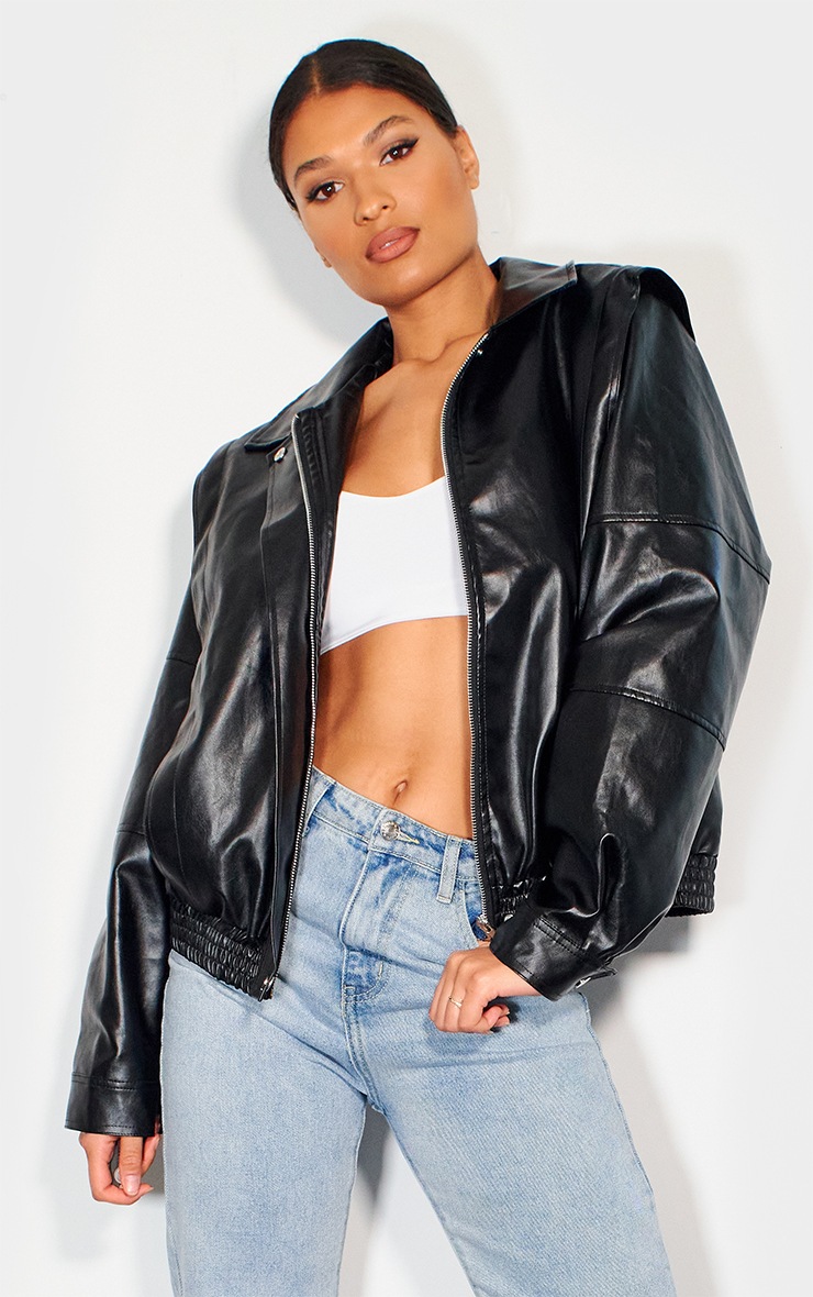 Black PU 90's Oversized Bomber Jacket