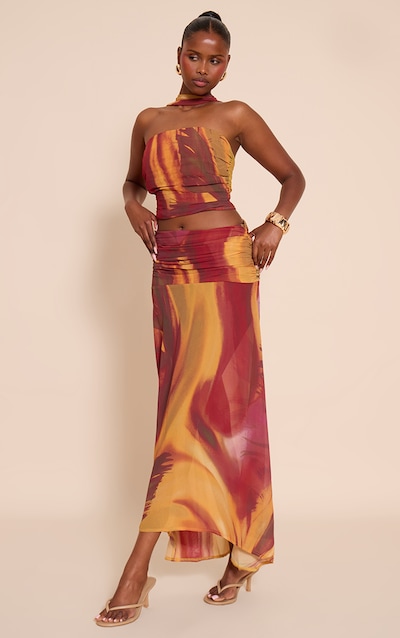 Multi Abstract Printed Chiffon Ruched Maxi Skirt