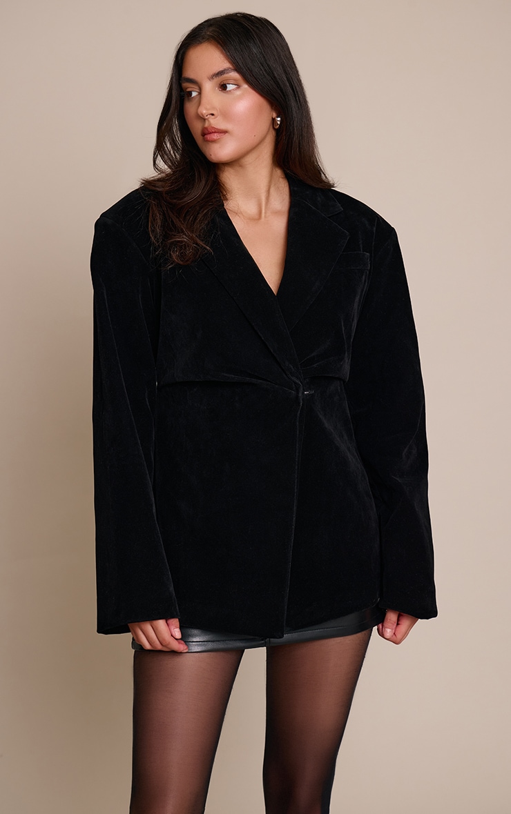 Black Faux Suede Cinch Waist Blazer