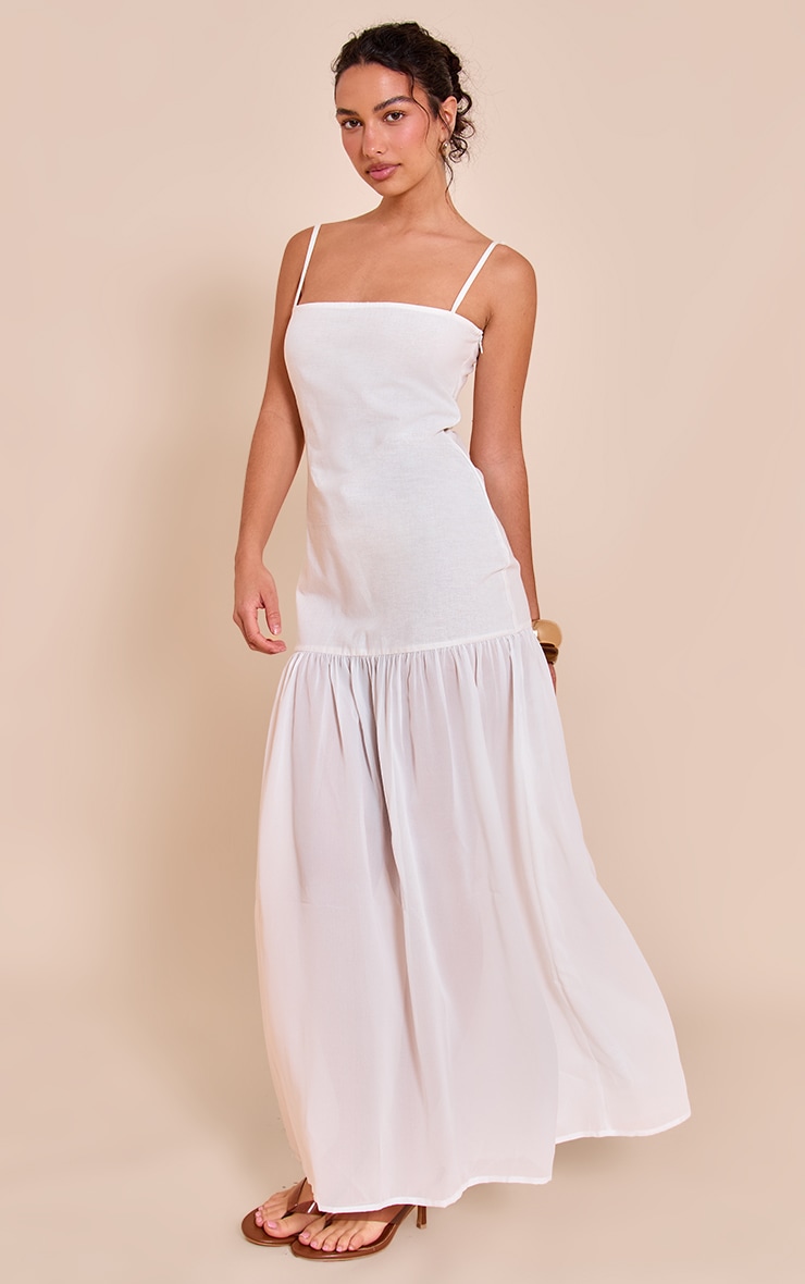White Linen Look Strappy Dropped Waist Maxi Dress image 3