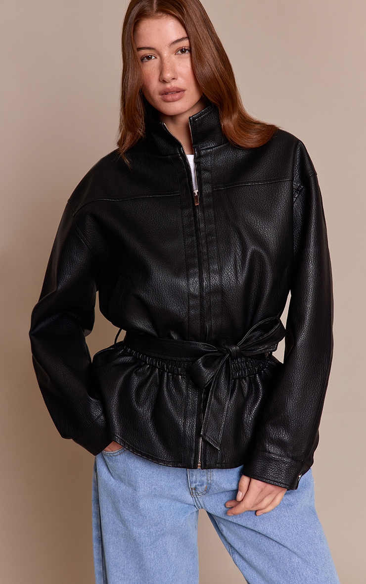 Black Drop Waist Belted Faux Leather Jacket image 1