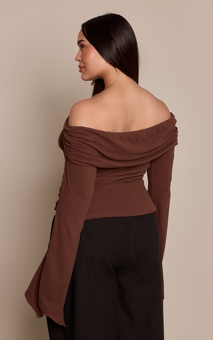 Plus Chocolate Bardot Ruched Side Detail Soft Touch Top image 2