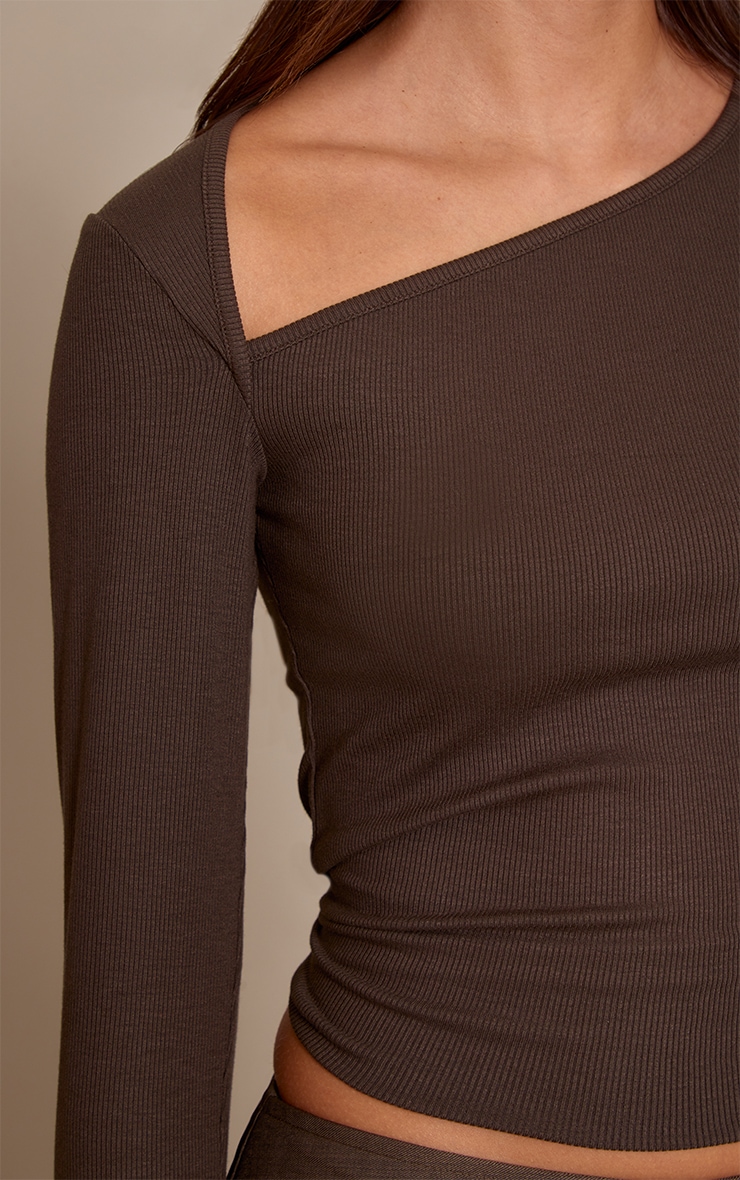 Dark Chocolate Soft Rib Asymmetric Detail Fitted Longline Top image 4