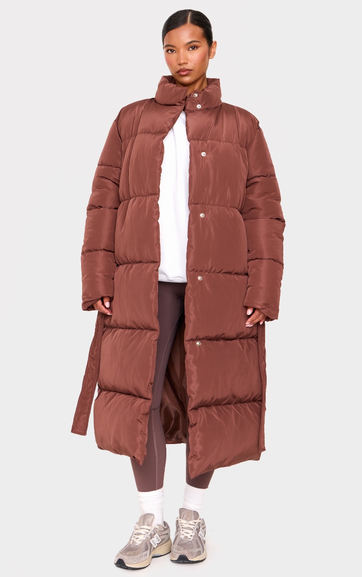 Mocha Quilted Longline Tie Waist Puffer Coat image 3