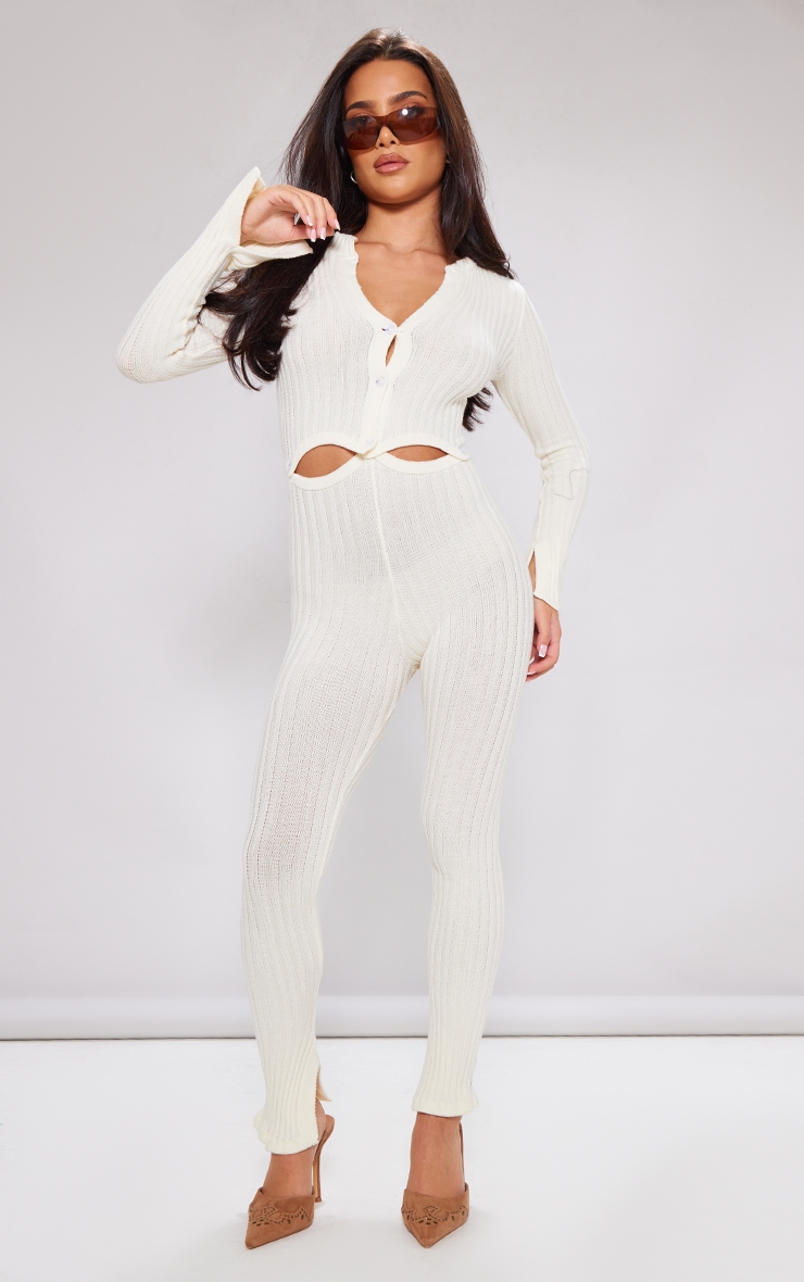 Petite Cream Knitted Button Detail Flared Jumpsuit PrettyLittleThing