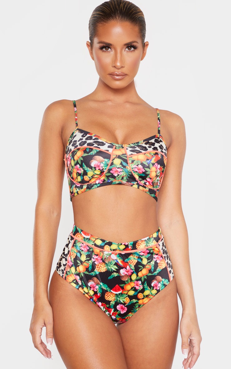 Haut de bikini noir imprimé floral à liseré fluo