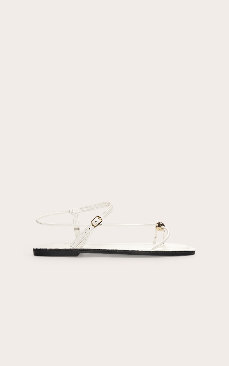 White Pu Square Toe Thong Gold Trim Flat Sandals image 2
