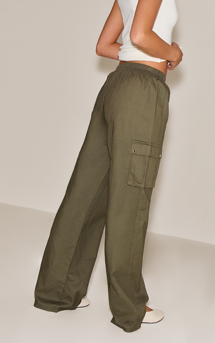 Khaki Wide Leg High Waisted Cargo Pants image 3