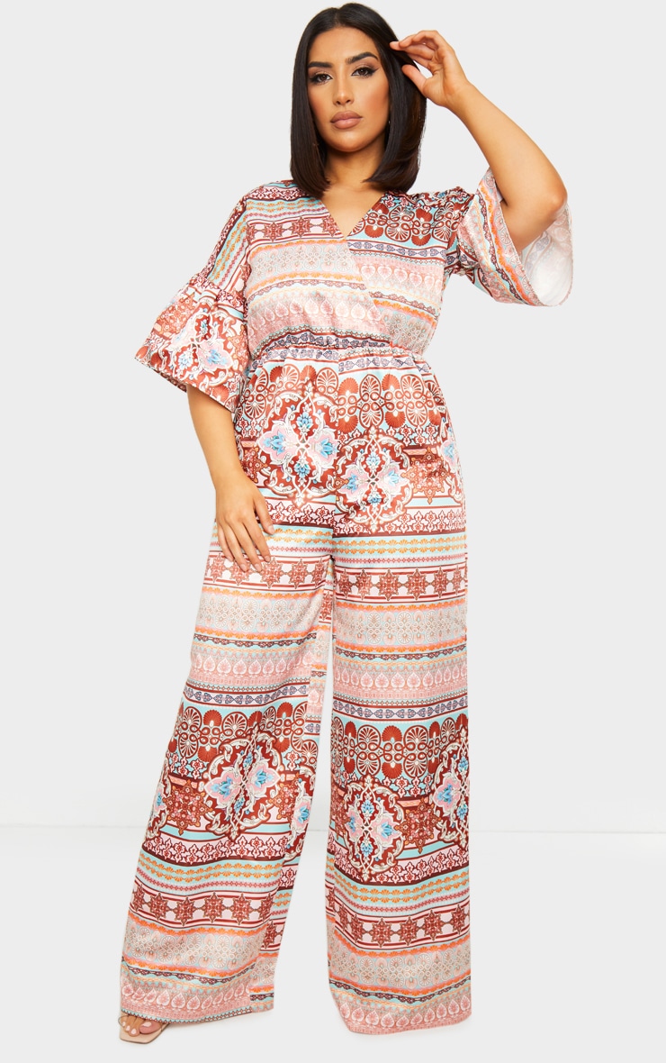 Multi Woven Printed Flare Sleeve Wide Leg Jumpsuit