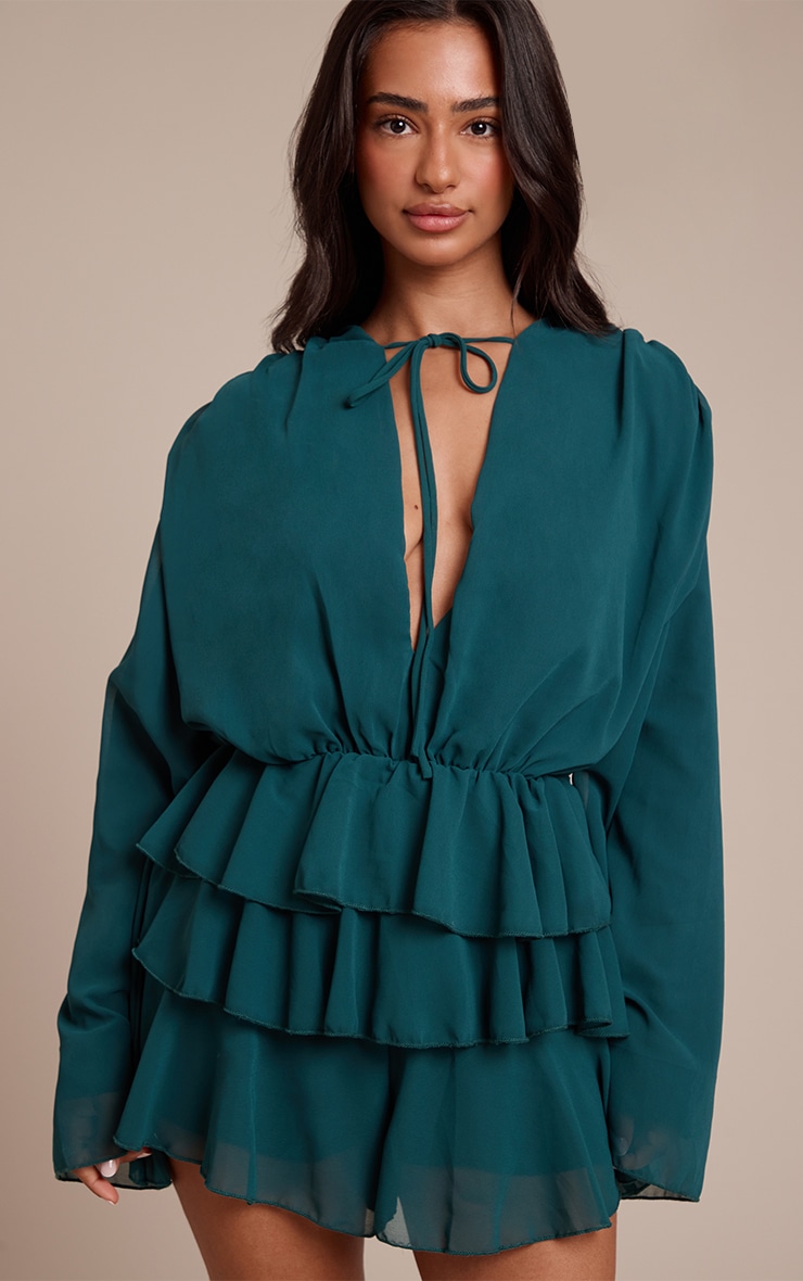 Petite Teal Ruffle Detail Long Sleeve Tie Neck Playsuit image 1