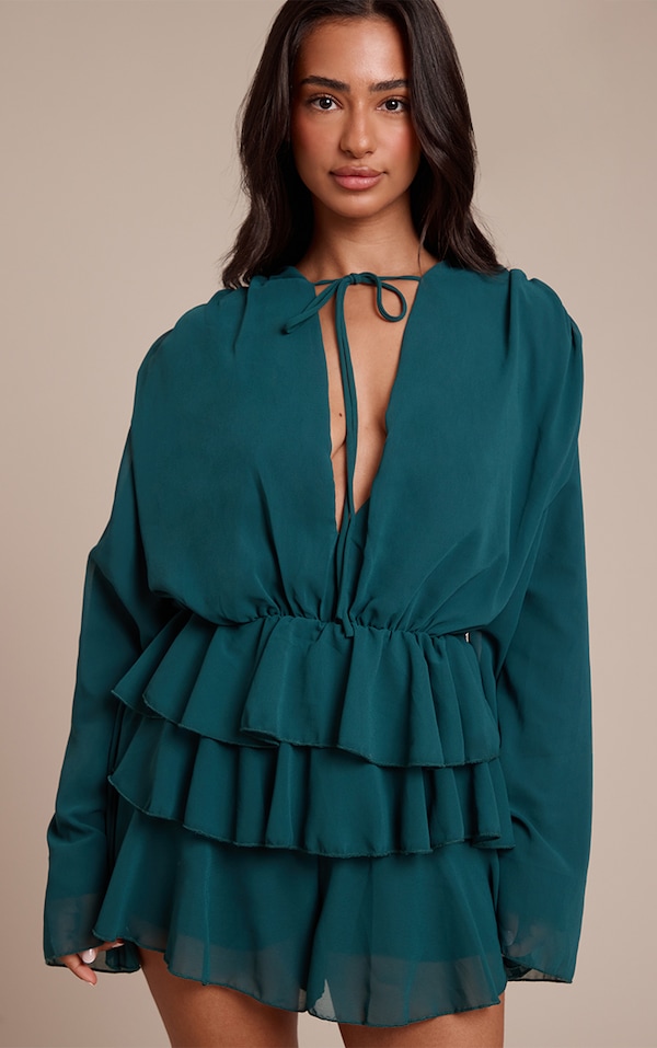 Petite Teal Ruffle Detail Long Sleeve Tie Neck Romper