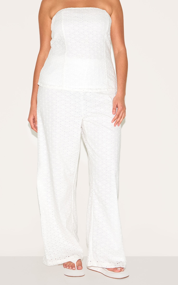 Plus White Embroidered Linen Mid Rise Pants image 2