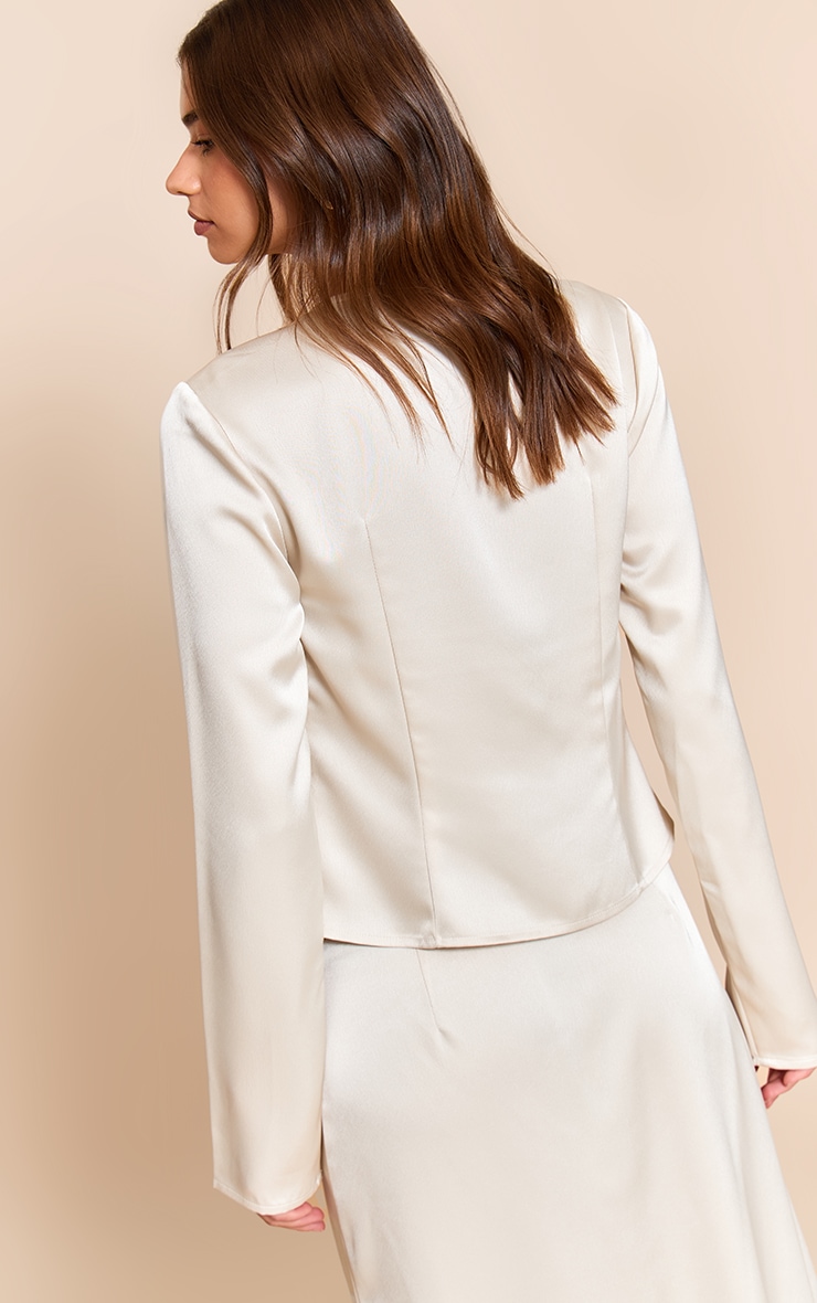Cream Satin Plunge Button Long Sleeve Top image 2
