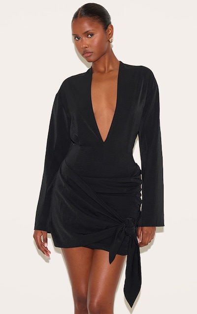 Black Woven Plunge Wrap Shirt Dress