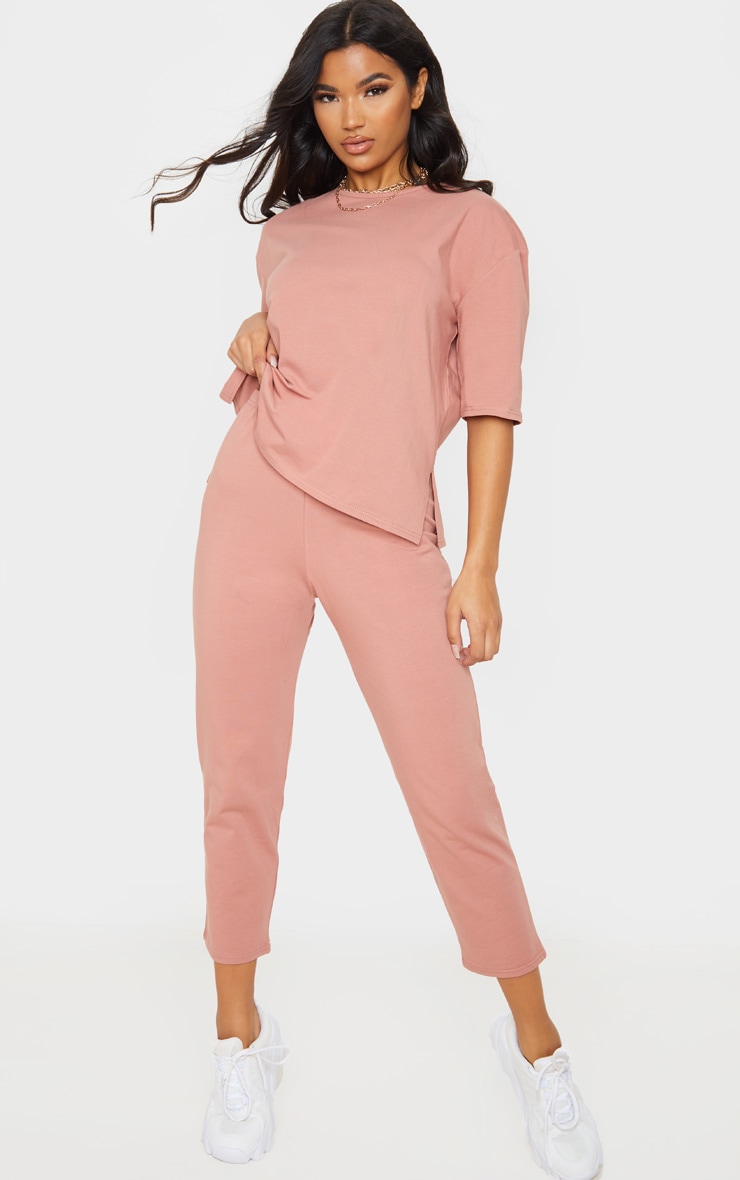 Dusty Rose Jersey Crew Neck Boxy T Shirt & Pants Set
