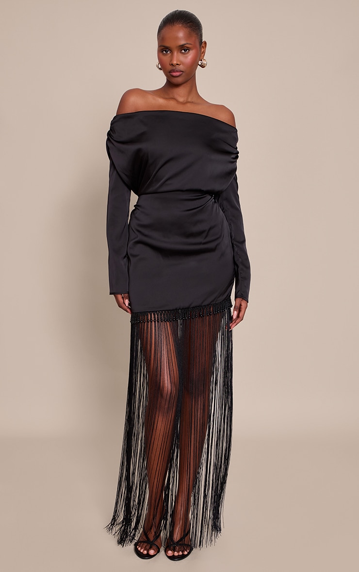 Black Satin Beaded Tassel Hem Detail Maxi Dress image 1