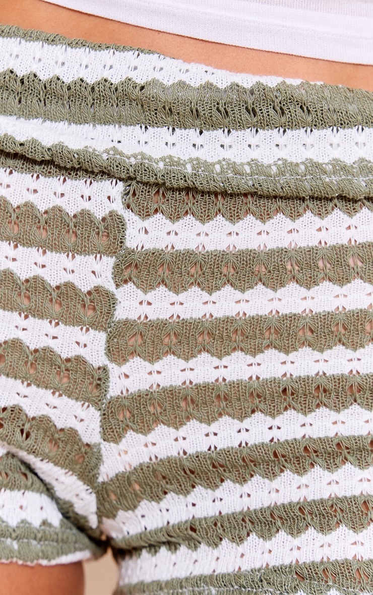 Olive Striped Textured Jersey Fold Over Shorts image 5