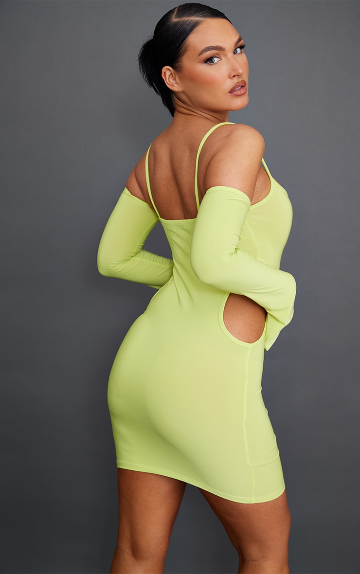Light Lime Slinky Side Cut Out Cold Shoulder Bodycon Dress image 2