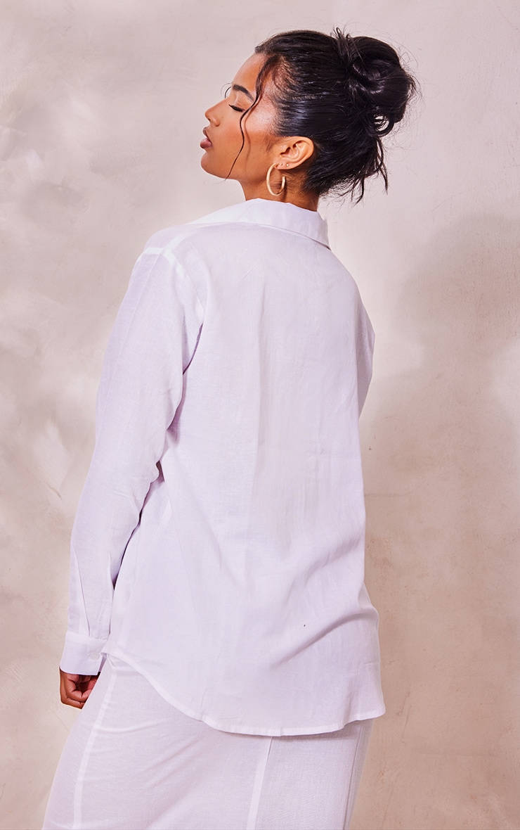 White Linen Look Long Sleeve Oversized Longline Shirt image 2