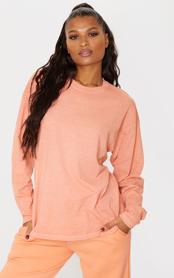 Pastel Orange Washed Long Sleeve T Shirt