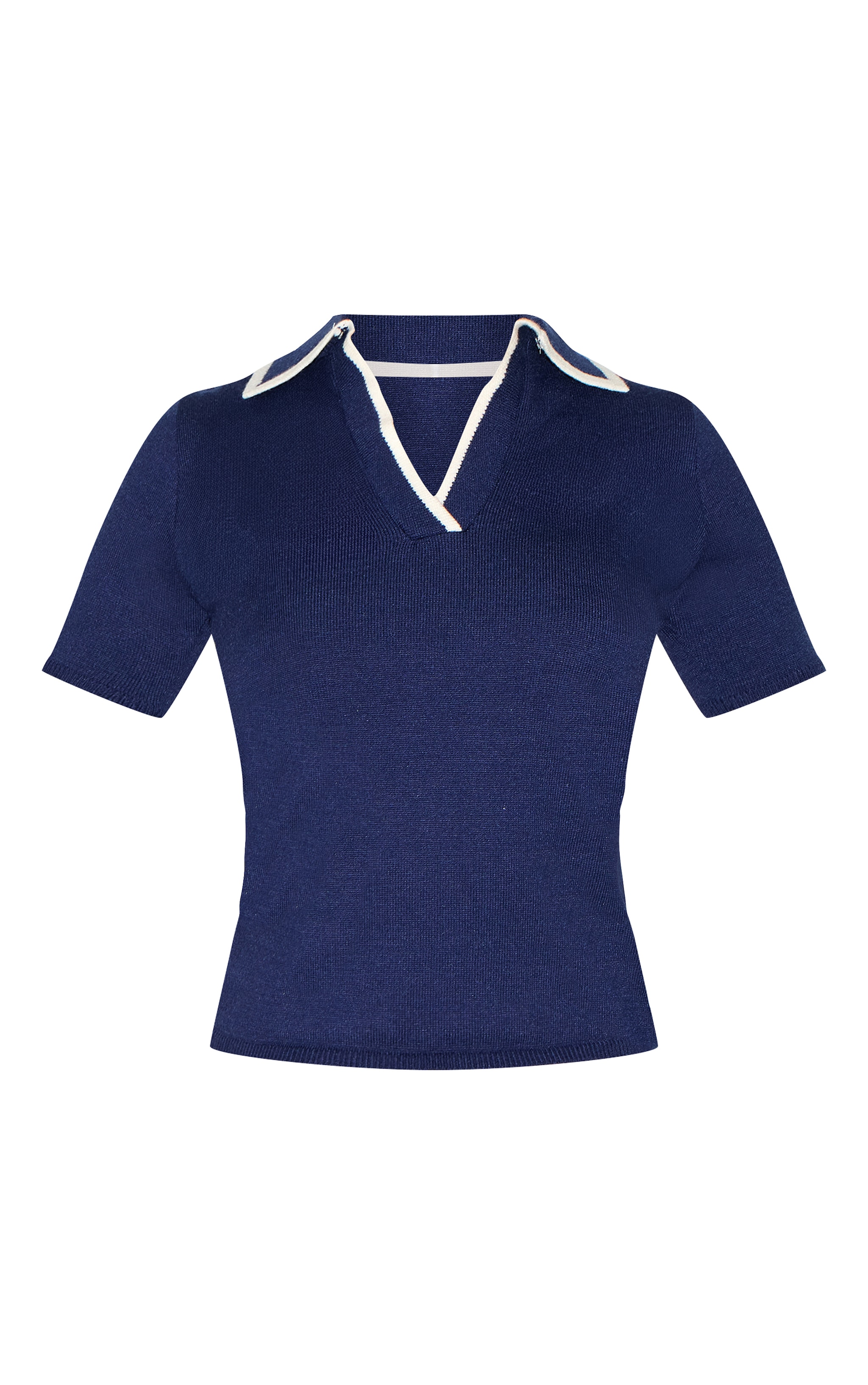  Navy Knitted Contrast Polo Collar Top image 5