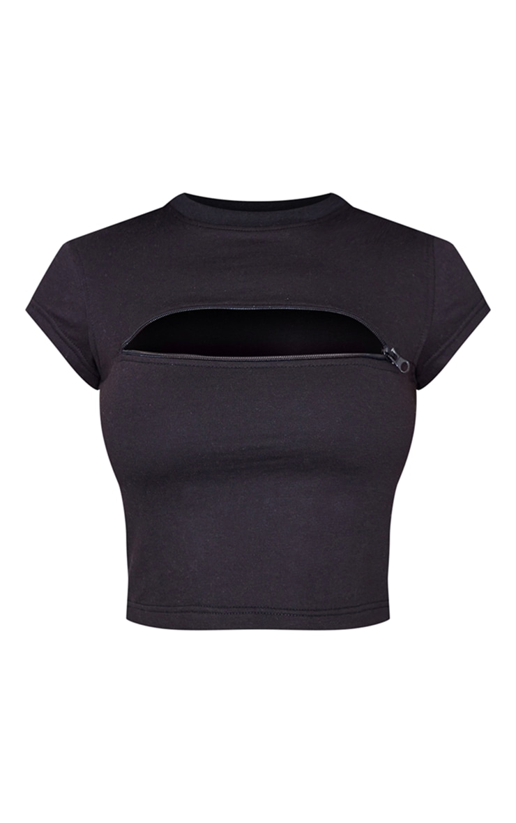 PRETTYLITTLETHING Black Zip Front Detail Fitted T-Shirt image 5