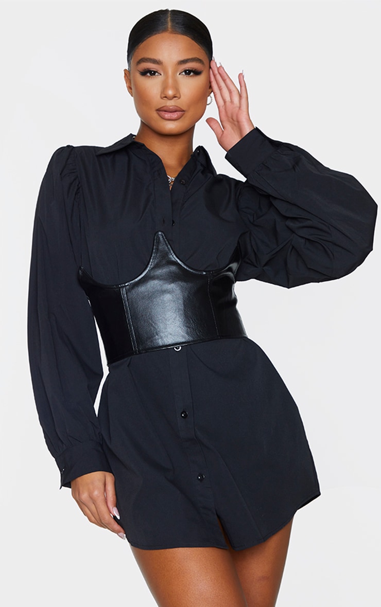 Black Faux Leather Corset Detail Shirt Dress image 1