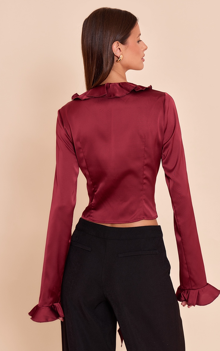 Dark Wine Satin Frill Tie Front Long Sleeve Top image 2