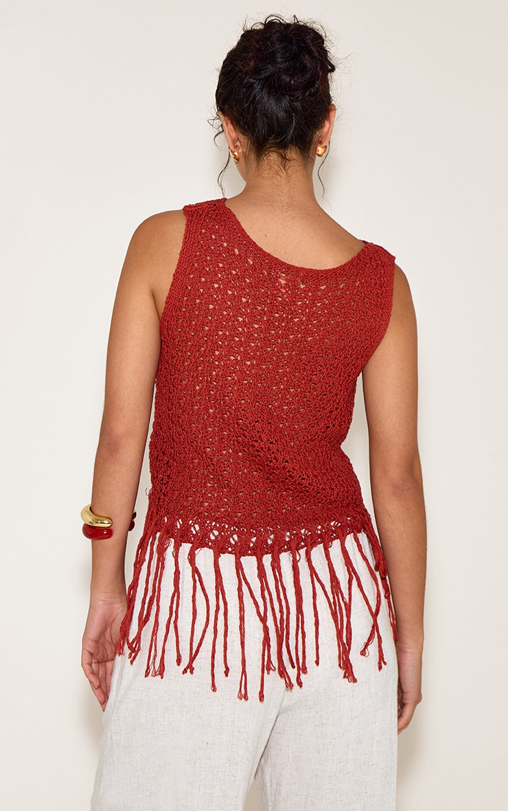 Rust Crochet Boat Neck Fringe Top image 2