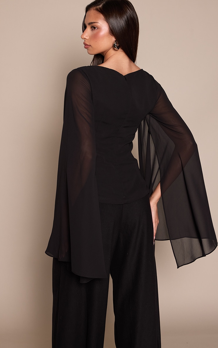 Black Chiffon Flare Sleeve Cape Detail Top   image 2