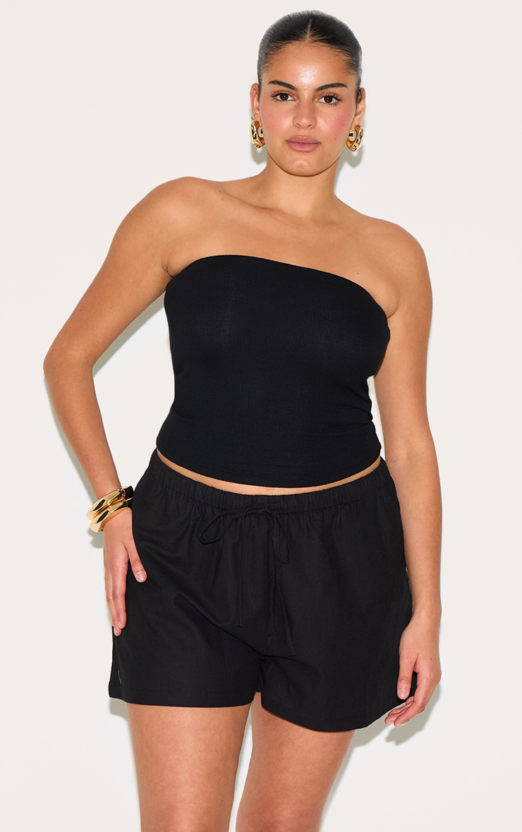 Plus Black Textured Drawstring Floaty Shorts image 1
