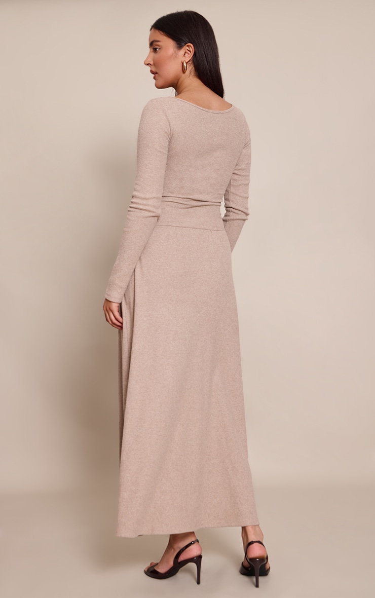 Taupe Long Sleeve Asymmetric Drop Hem Maxi Dress image 2