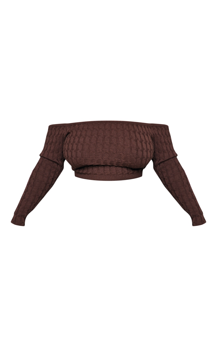 Plus Pull court en maille tricot torsadée chocolat à col bardot image 5