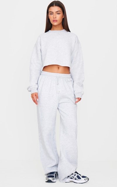 PRETTYLITTLETHING Ash Grey Badge Detail Mid Rise Wide Leg Track Pants