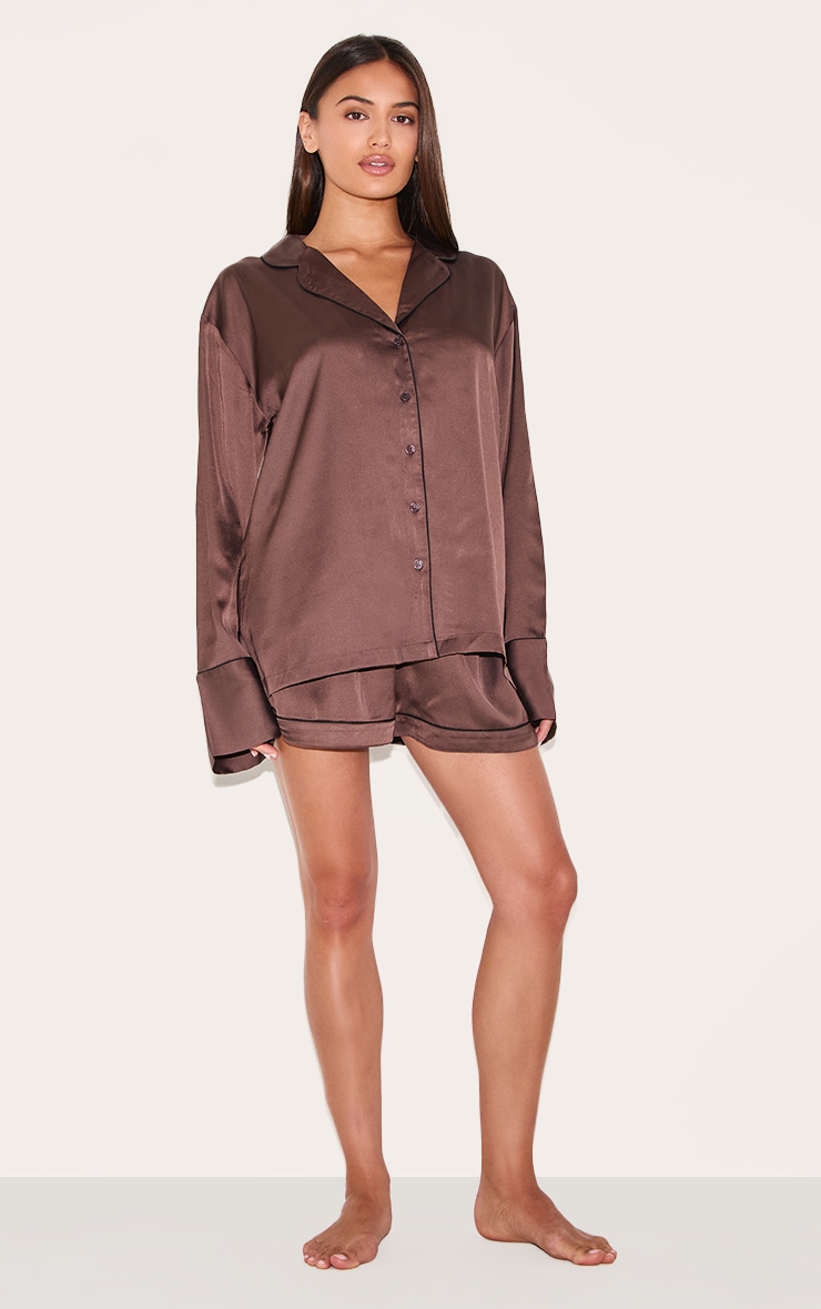 Chocolate Satin Piping Long Sleeve Short Pj Set image 3