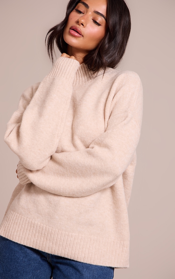 Petite Oatmeal Knit Oversized Polo Neck Sweater
