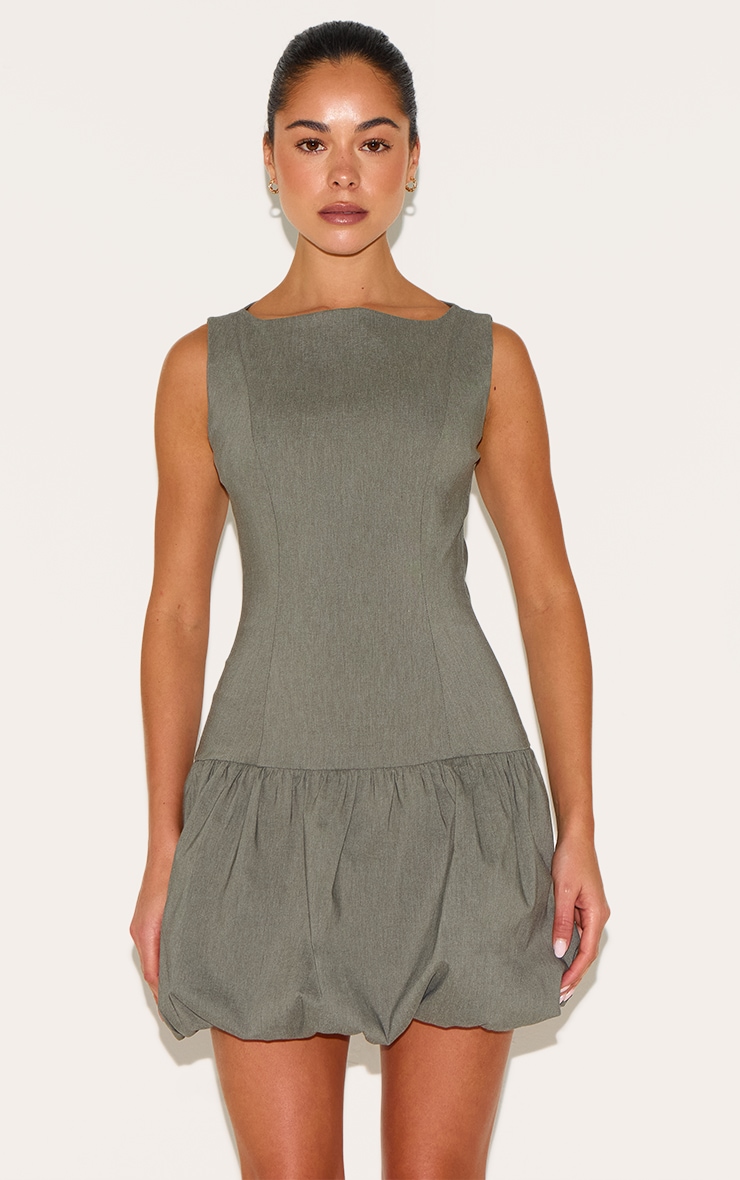Khaki Stretch Woven Puffball Dress image 1