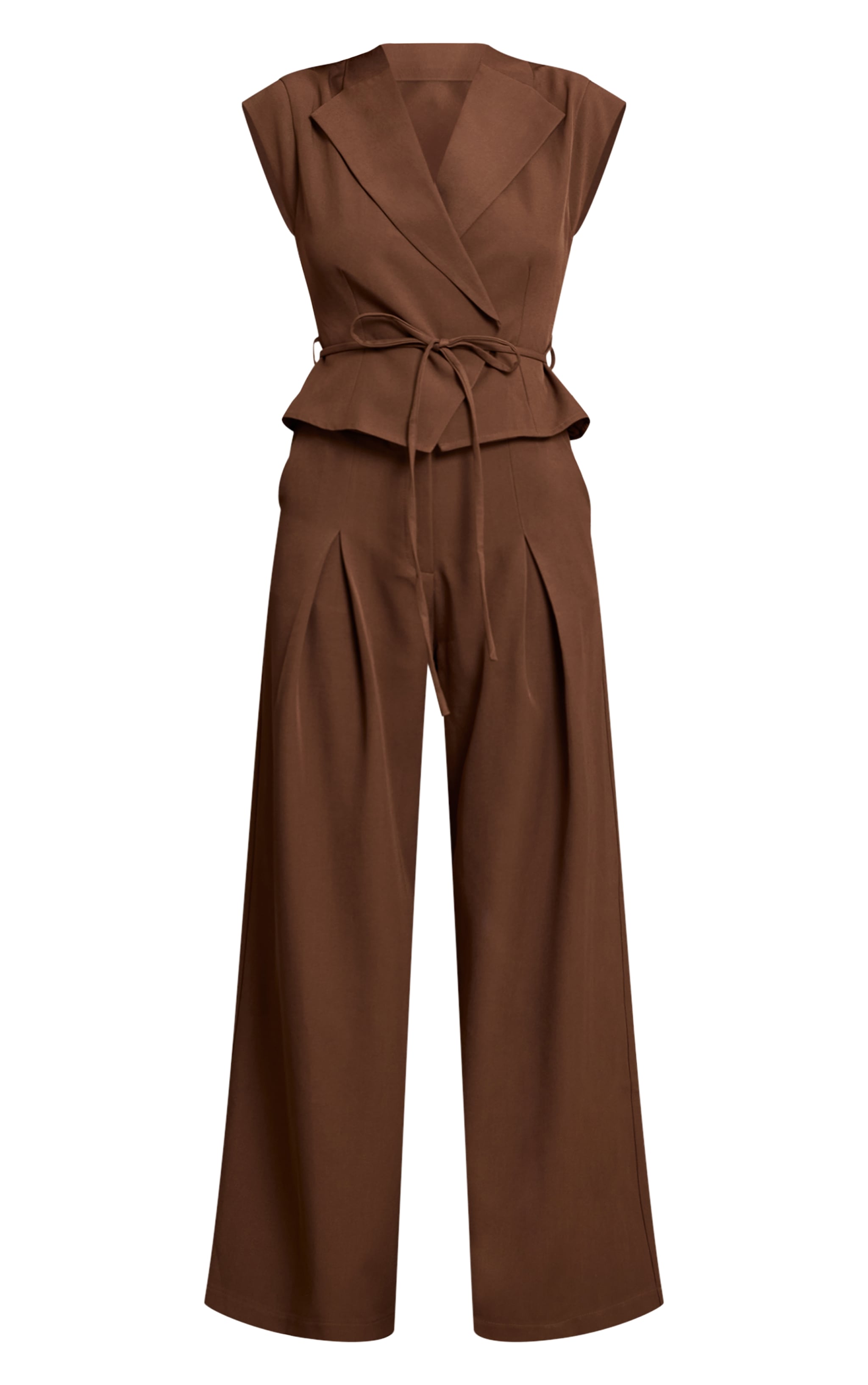 Chocolate Tailored Woven Tie Waist Wide Leg Jumpsuit image 5