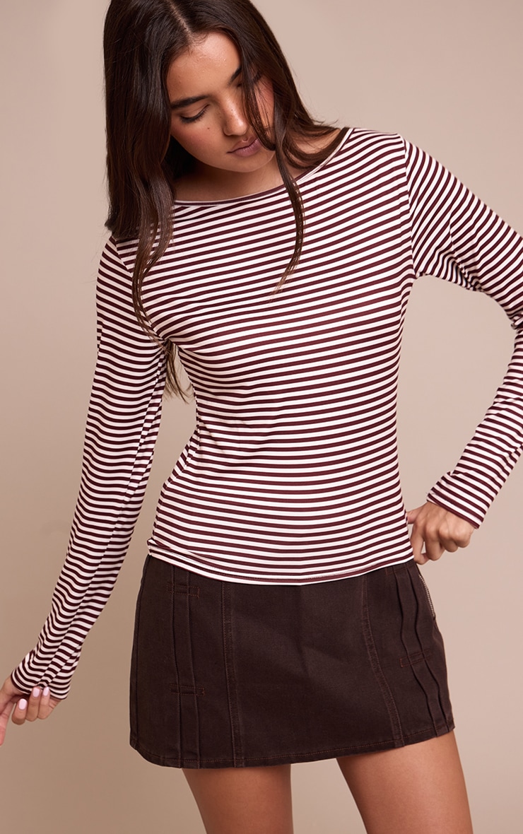 Burgundy Stripe Boat Neck Long Sleeve Top image 4