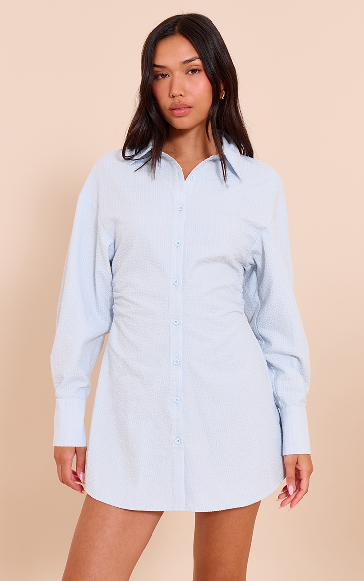 Blue Pinstripe Seersucker Cinched Waist Shirt Dress image 1