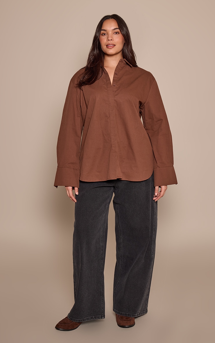 Plus Cotton Chocolate Oversized Cuff Shirt image 3