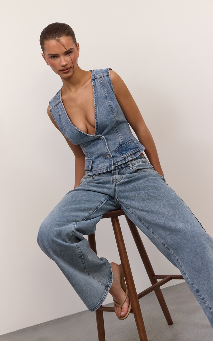 Mid Blue Asymmetric Wrap Style Denim Waistcoat