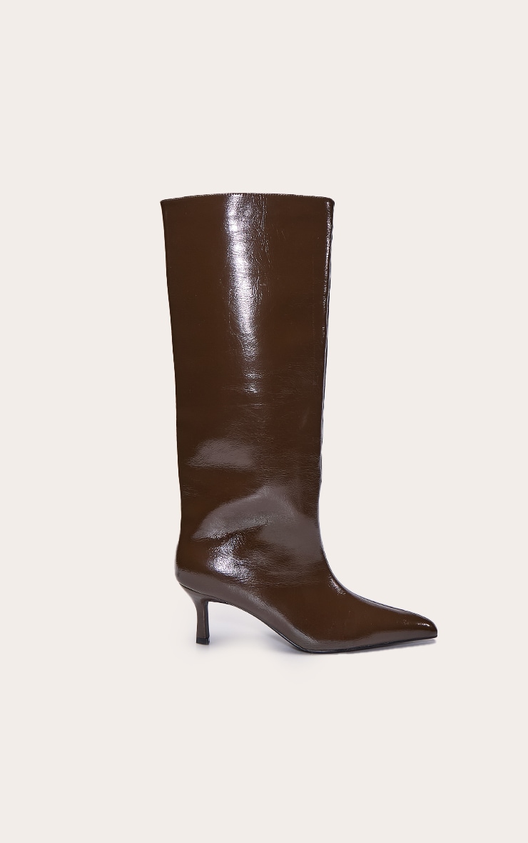 Olive Crinkle PU Kitten Heeled Knee High Boot image 2