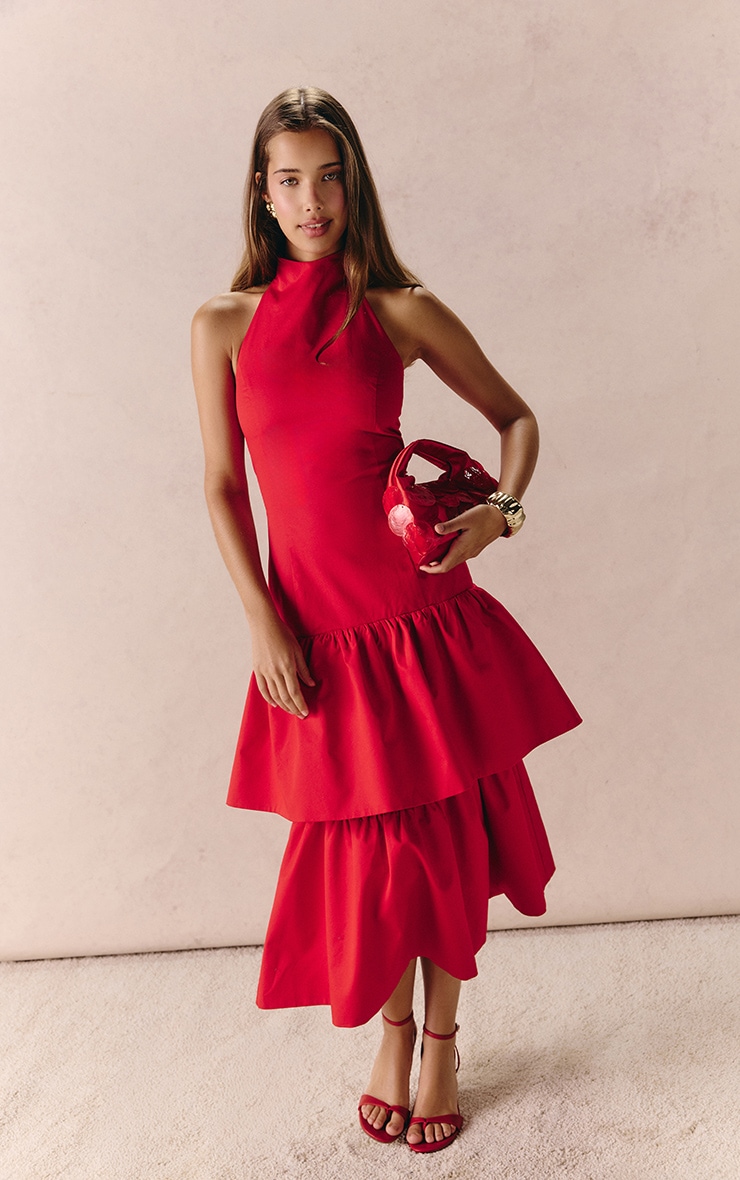 Red Dropped Hem Tiered Frill Halterneck Midi Dress image 3