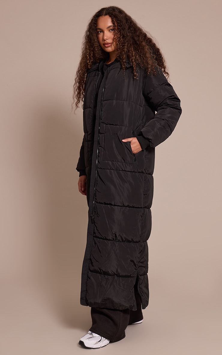 Tall Black Maxi Longline Hooded Puffer Coat image 3