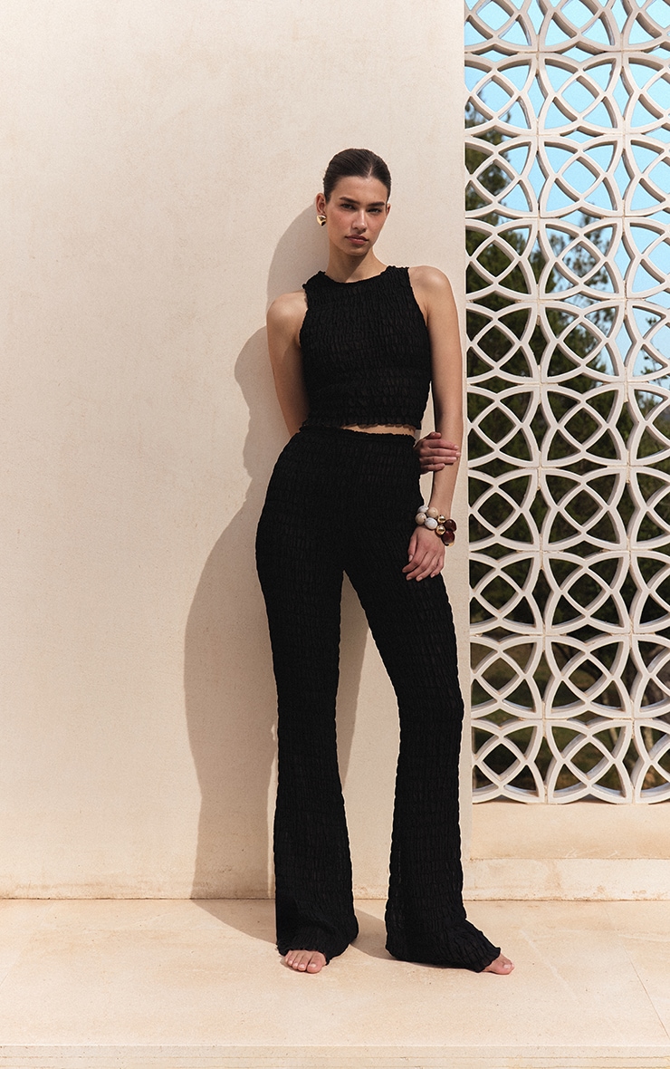 Black Shirred Chiffon Straight Leg Trousers image 2
