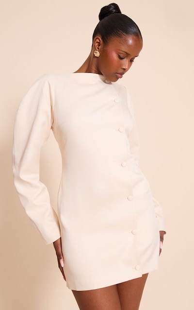 Mini robe tissée crème à col droit et boutons