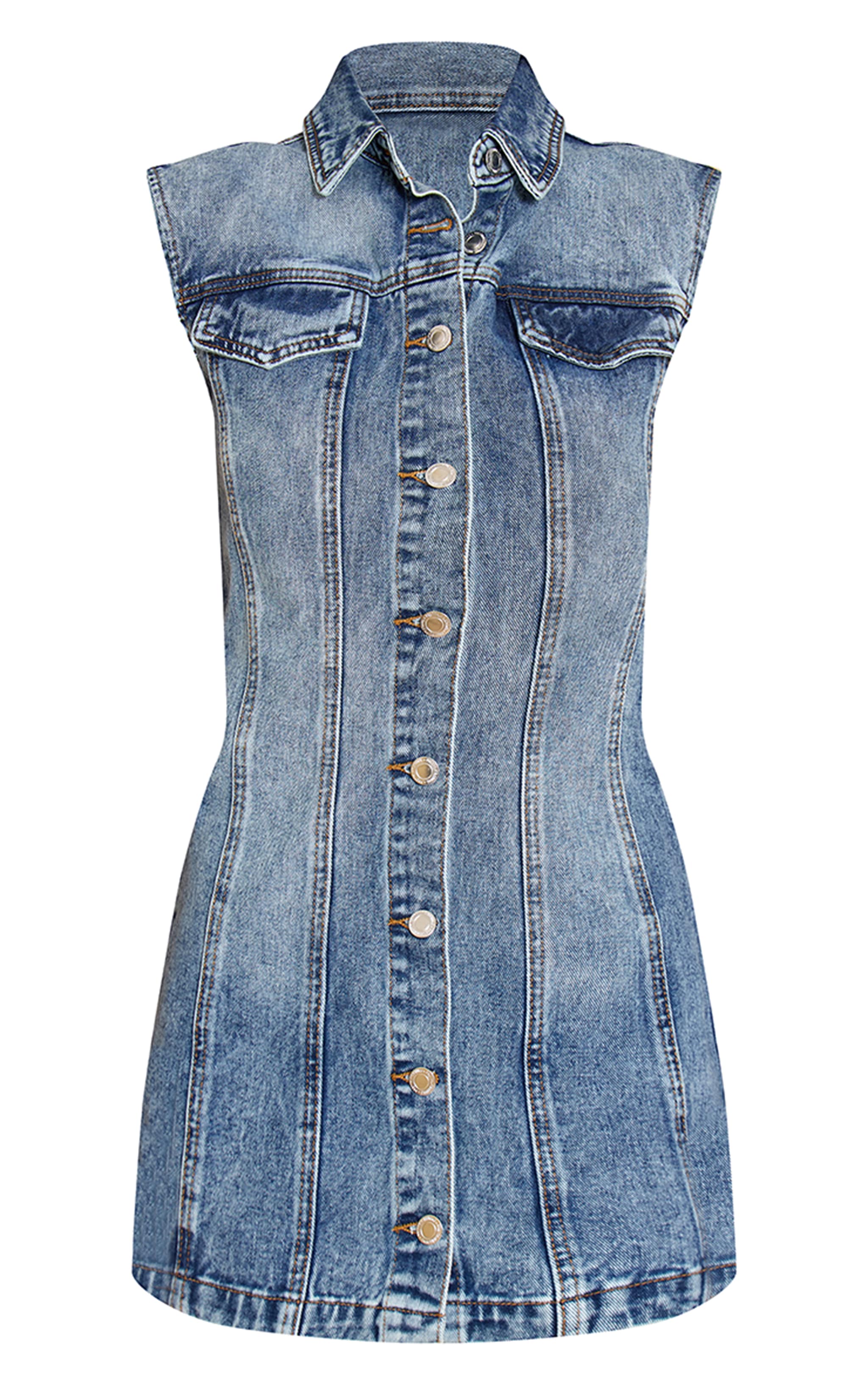 Mid Blue Wash Boxy Shoulder Denim Shirt Dress image 5