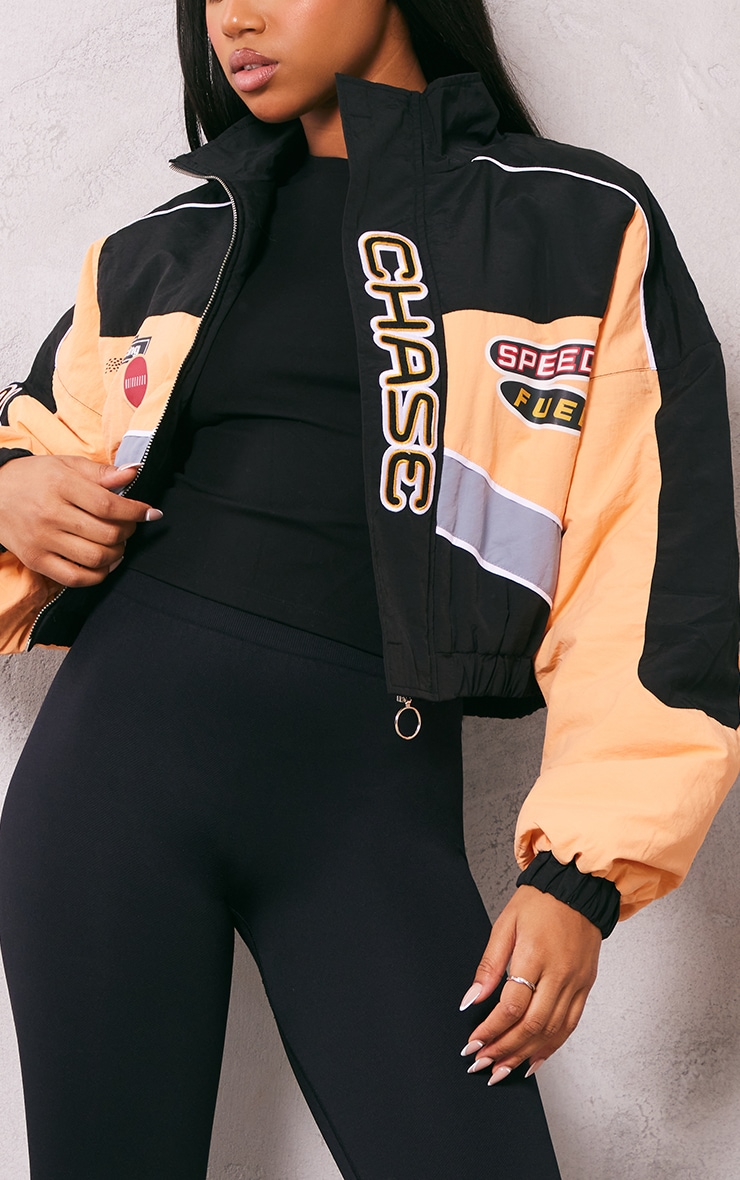 Peach Nylon Racer Graphic Embroidered Cropped Bomber Jacket image 4